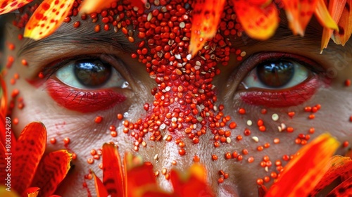 Seeds from Amazon rainforest plant Urucum are used for face painting with red Achiote dye, near Belem, Para, Brazil.

 photo
