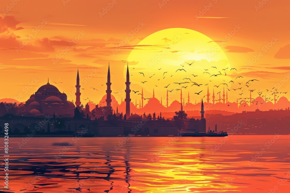 Sunset landscape of Istanbul, Turkey - mosque, bosphorus,