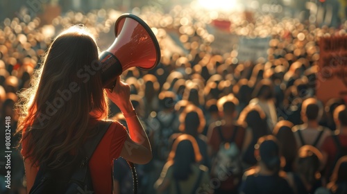 Social dissatisfaction and protest concept with large crowd protesting in the street with focus on loud speaker in woman's hand hyper realistic  photo