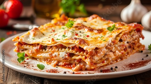 Close-up of a piece of Italian lasagna with white cream bechamel sauce. Italian juicy lasagna on blurred background of fancy Italian restaurant.