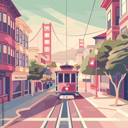 Tramway in San Francisco. Vector illustration in flat style.
