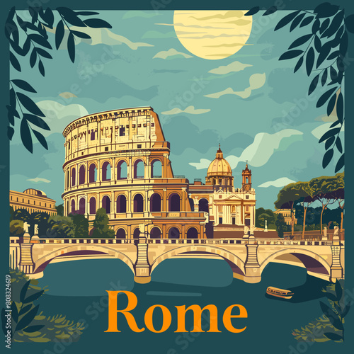 Colosseum in Rome, Italy, vector illustration. Travel poster