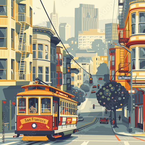 Street view with vintage trams. Vector illustration in cartoon style.