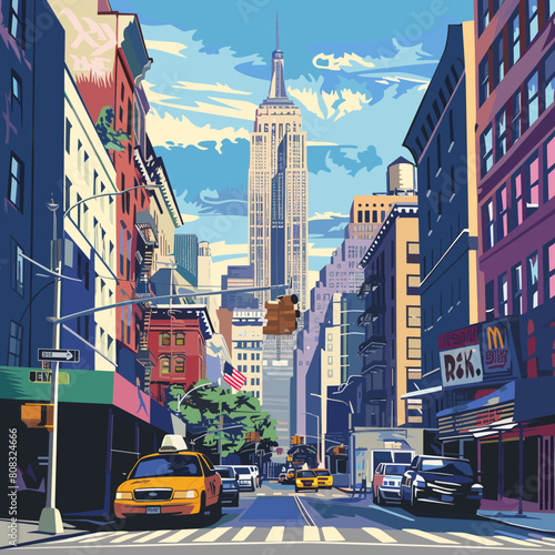New York City street view with skyscrapers and buildings  vector illustration