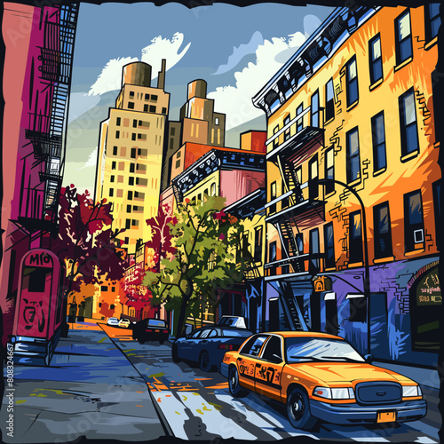 New York City street with yellow taxi and old buildings. Vector illustration.