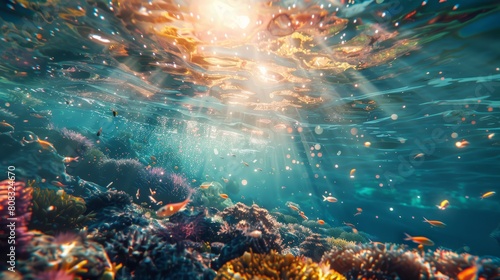Sunlit underwater view with sparkling water surface. Deep sea ambiance concept. Generative AI hyper realistic  photo