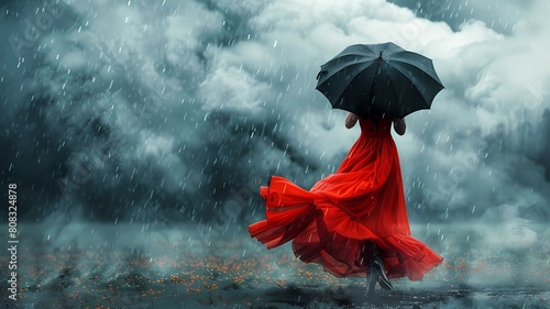 woman in red dress with umbrella walking in the rain, epic photography