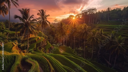 A beautiful sunset over a lush green forest with palm trees photo