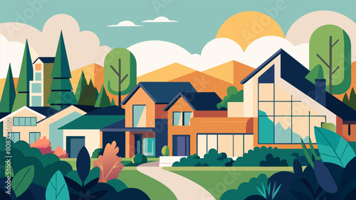 Residential homes are thoughtfully positioned and designed to take advantage of natural lighting and stunning views while also utilizing native. Vector illustration photo