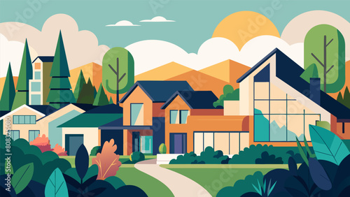 Residential homes are thoughtfully positioned and designed to take advantage of natural lighting and stunning views while also utilizing native. Vector illustration