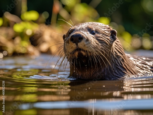 Closeup of a wet otter in the water