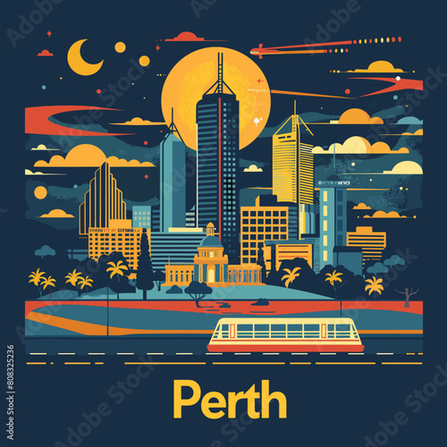 Perth Skyline Panorama. Vector illustration in flat design style