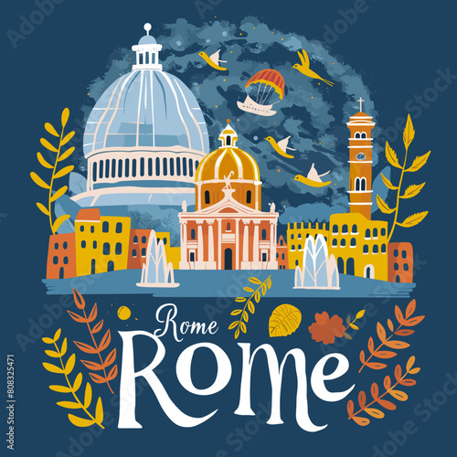 Flat design vector illustration of Rome, Italy. Travel and tourism concept.
