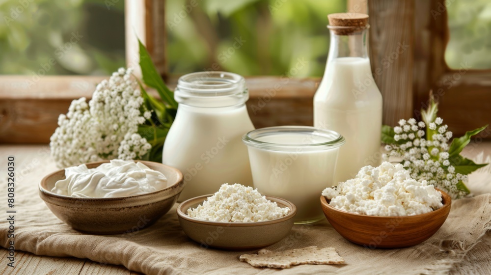 A variety of dairy products, including milk, cheese, and yogurt, are displayed on the table alongside condiments such as salt and pepper shakers A variety of dairy products, including milk, cheese, and yogurt, are displayed on the table alongside condiments such as salt and pepper shakers