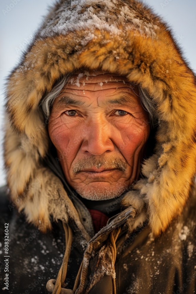 Portrait of weathered indigenous man in fur-lined parka Portrait of weathered indigenous man in fur-lined parka
