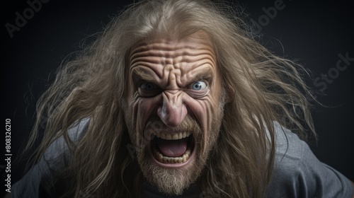 Angry old man with wild hair and beard photo