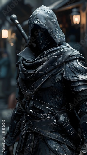 A detailed depiction of a mysterious warrior clad in intricate dark armor, standing in a foreboding gothic setting.