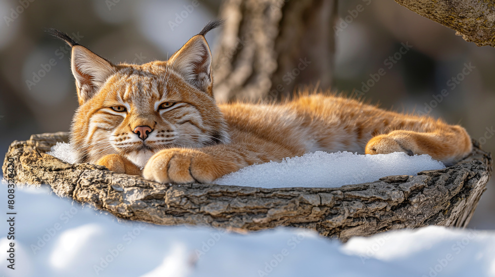 A wild eurasian lynx sleeping on a tree in winter on sunset