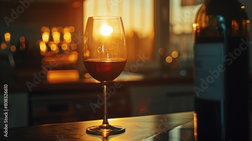 Wine poured from a bottle into a glass glass against the rays of a golden sunshine