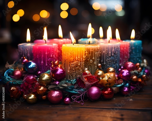 Burning candles with christmas ornaments on wooden background.