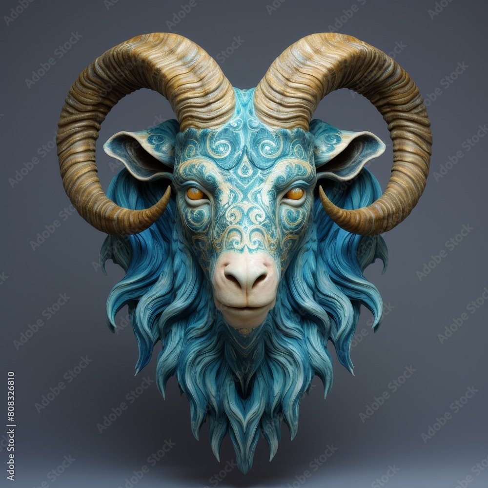 Ornate fantasy ram head with swirling horns and vibrant blue fur Ornate fantasy ram head with swirling horns and vibrant blue fur