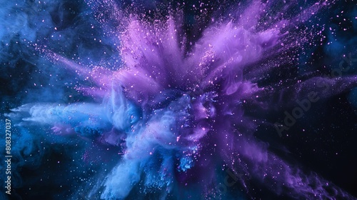 Blue, aqua, and violet dust explode in a freeze motion illustration. photo