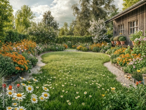 Lush Garden Pathway Near Rustic Wooden House Surrounded by Colorful Flowers