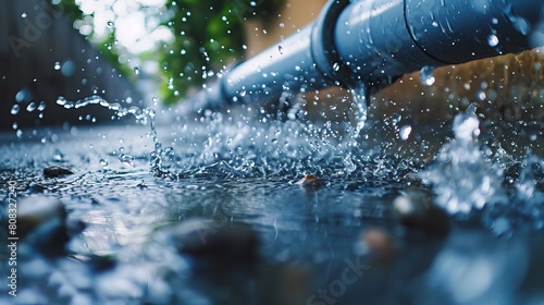 Close-up view capturing water leaks and splashes from a plastic pipe during a rainy day after a storm.