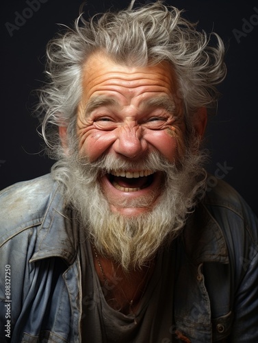 Joyful elderly man with long beard and messy gray hair