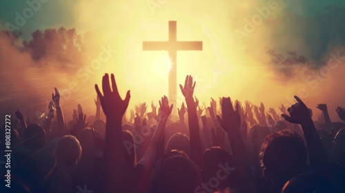 Christian worshipers raising hands up in the air in front of the cross hyper realistic  photo