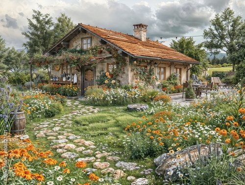 Idyllic Countryside Home with Colorful Flower Garden and Rustic Decor