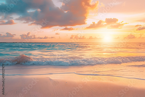 Closeup sea sand beach. Panoramic beach landscape. Inspire tropical beach seascape horizon. Orange and golden sunset sky calmness tranquil relaxing sunlight summer mood. Vacation travel holiday banner © Prasanth