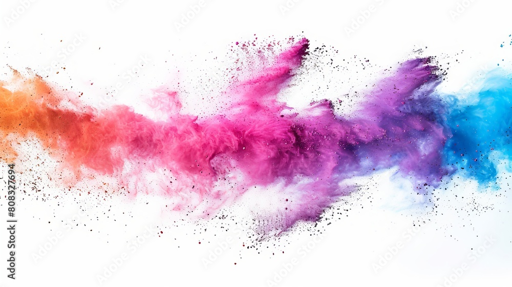 Colored powder explosions are captured in freeze motion against a white background.
