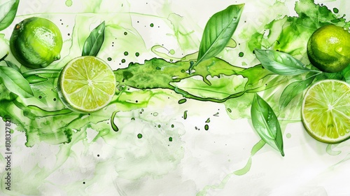 Green watercolor paint splash on paper with limes and green leaves hyper realistic 