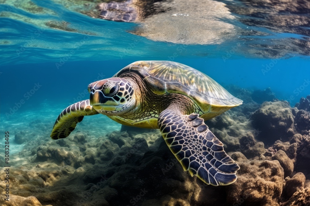 Fototapeta premium Underwater view of a green sea turtle swimming in the ocean