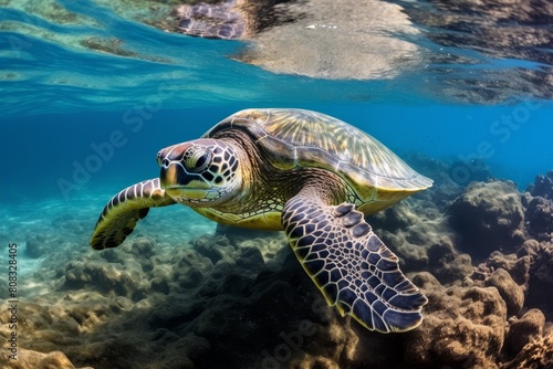 Underwater view of a green sea turtle swimming in the ocean