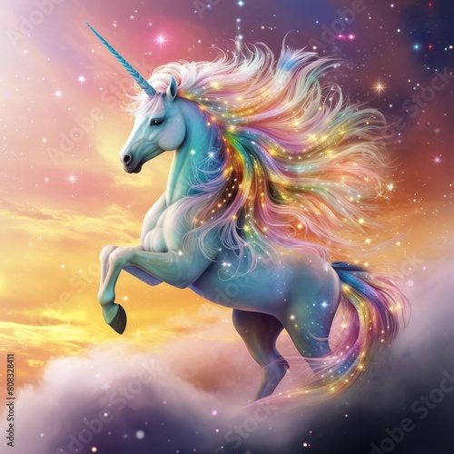 Magical unicorn with colorful mane in starry night sky