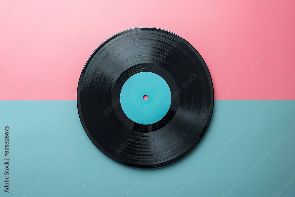 top view one vinyl record on blue and pink background flatlay in retro style top view one vinyl record on blue and pink background flatlay in retro style
