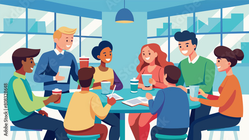 A group of students engaged in a lively discussion in the campus café representing the strong sense of community and camaraderie fostered at community. Vector illustration