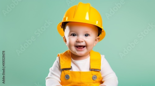Smiling baby wearing construction helmet