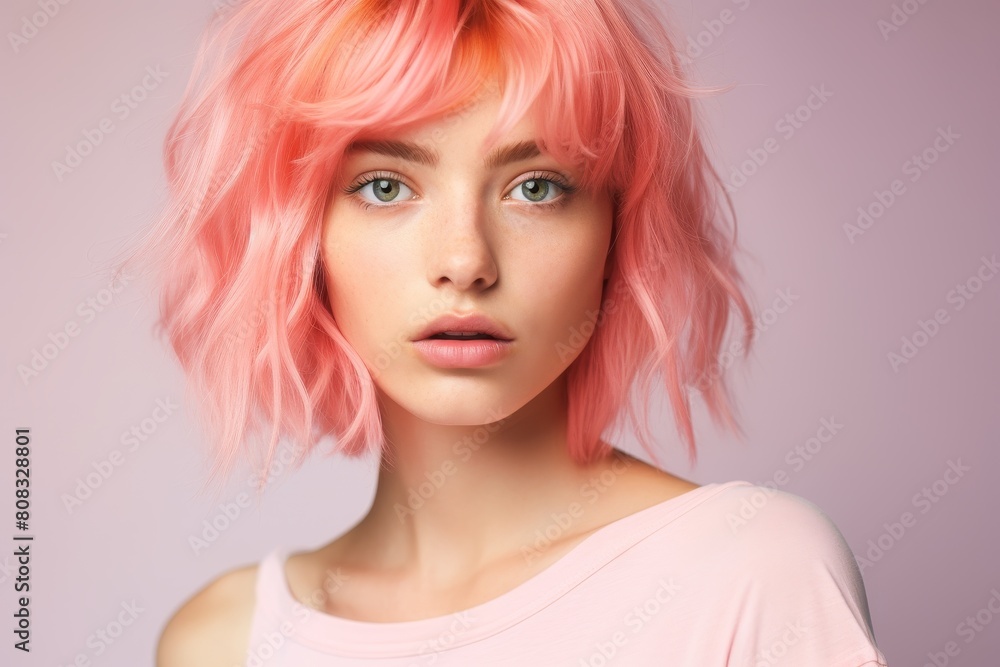 portrait of young woman with vibrant pink hair portrait of young woman with vibrant pink hair