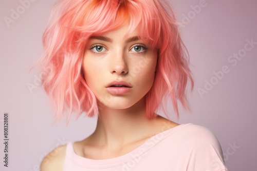 portrait of young woman with vibrant pink hair