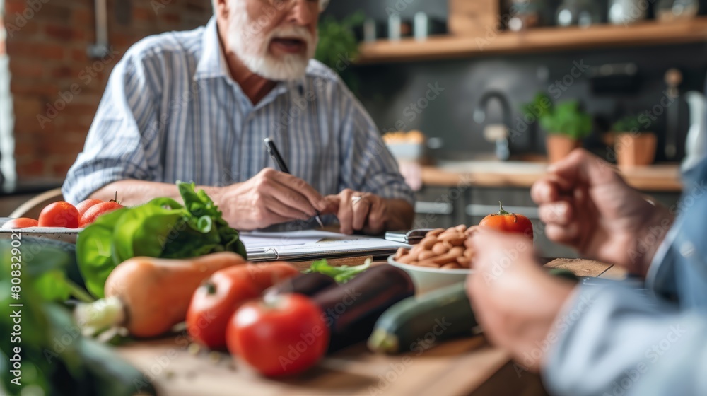 Photo of a senior man discussing his dietary needs with a nutritionist with a close up on their hands and the diet plan emphasizing personalized nutrition advice hyper realistic Photo of a senior man discussing his dietary needs with a nutritionist with a close up on their hands and the diet plan emphasizing personalized nutrition advice hyper realistic