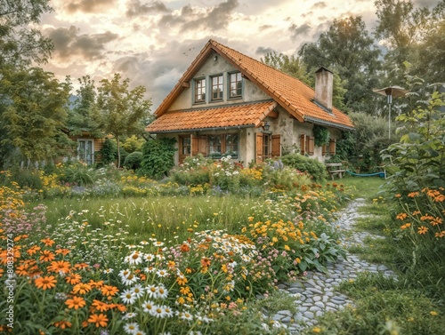 Idyllic Cottage Surrounded by Lush Garden and Colorful Flowers at Sunset