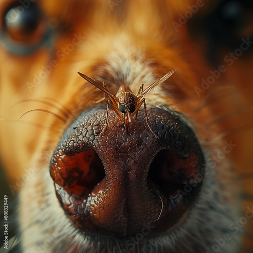 Close up of mosquito standing on dog's snout. This insects are carriers of heartworm larvae. Generative AI