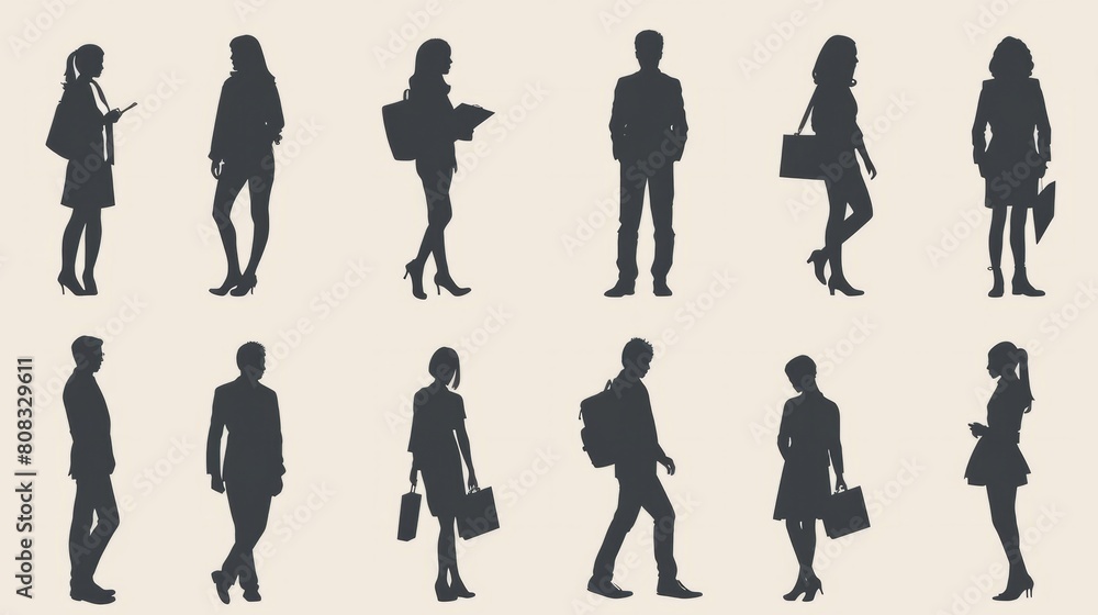 Silhouette business people set. Men and women, smartly dressed, some with clipboards. hyper realistic Silhouette business people set. Men and women, smartly dressed, some with clipboards. hyper realistic