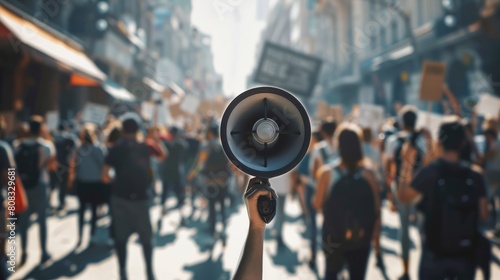 Social dissatisfaction and protest concept with large crowd protesting in the street with focus on loud speaker in woman's hand hyper realistic  photo