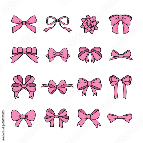 Hand drawn pink ribbon bows set