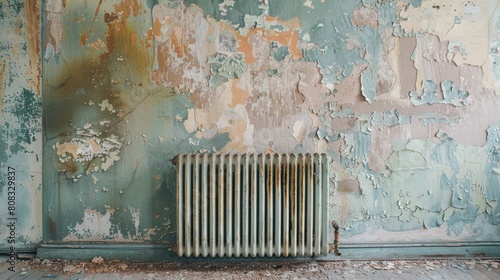 Radiator and wall with peeling paint in interior setting.

