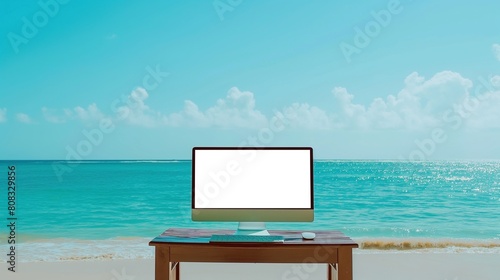 Mockup of modern monitor with blank white screen on desk on beach, AI-generative